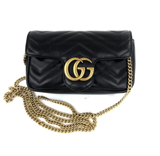 Gucci Calfskin Matelasse Mini GG Marmont Chain Crossbody Bag Black