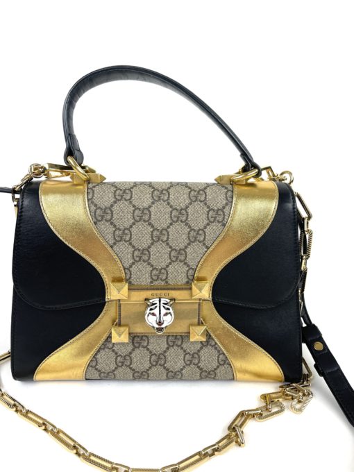 Gucci GG Supreme Monogram Osiride Top Handle Bag Black Gold 10