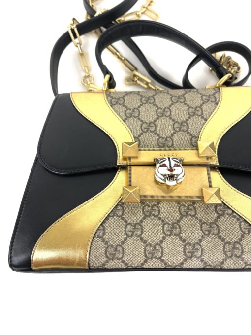 Gucci GG Supreme Monogram Osiride Top Handle Bag Black Gold 24