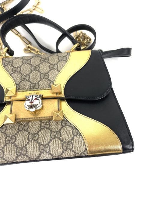Gucci GG Supreme Monogram Osiride Top Handle Bag Black Gold 25
