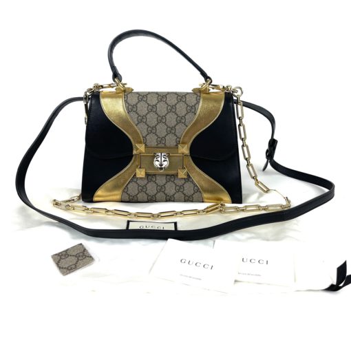 Gucci GG Supreme Monogram Osiride Top Handle Bag Black Gold 2