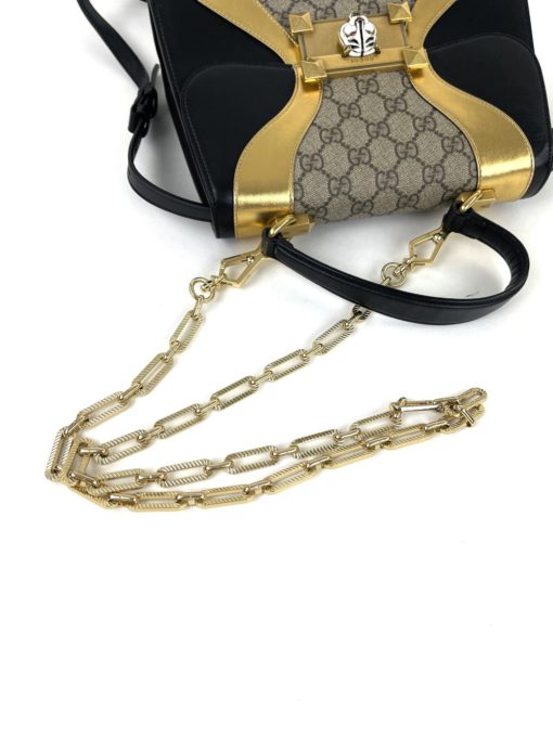 Gucci GG Supreme Monogram Osiride Top Handle Bag Black Gold 28