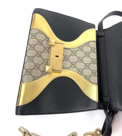 Gucci GG Supreme Monogram Osiride Top Handle Bag Black Gold 30