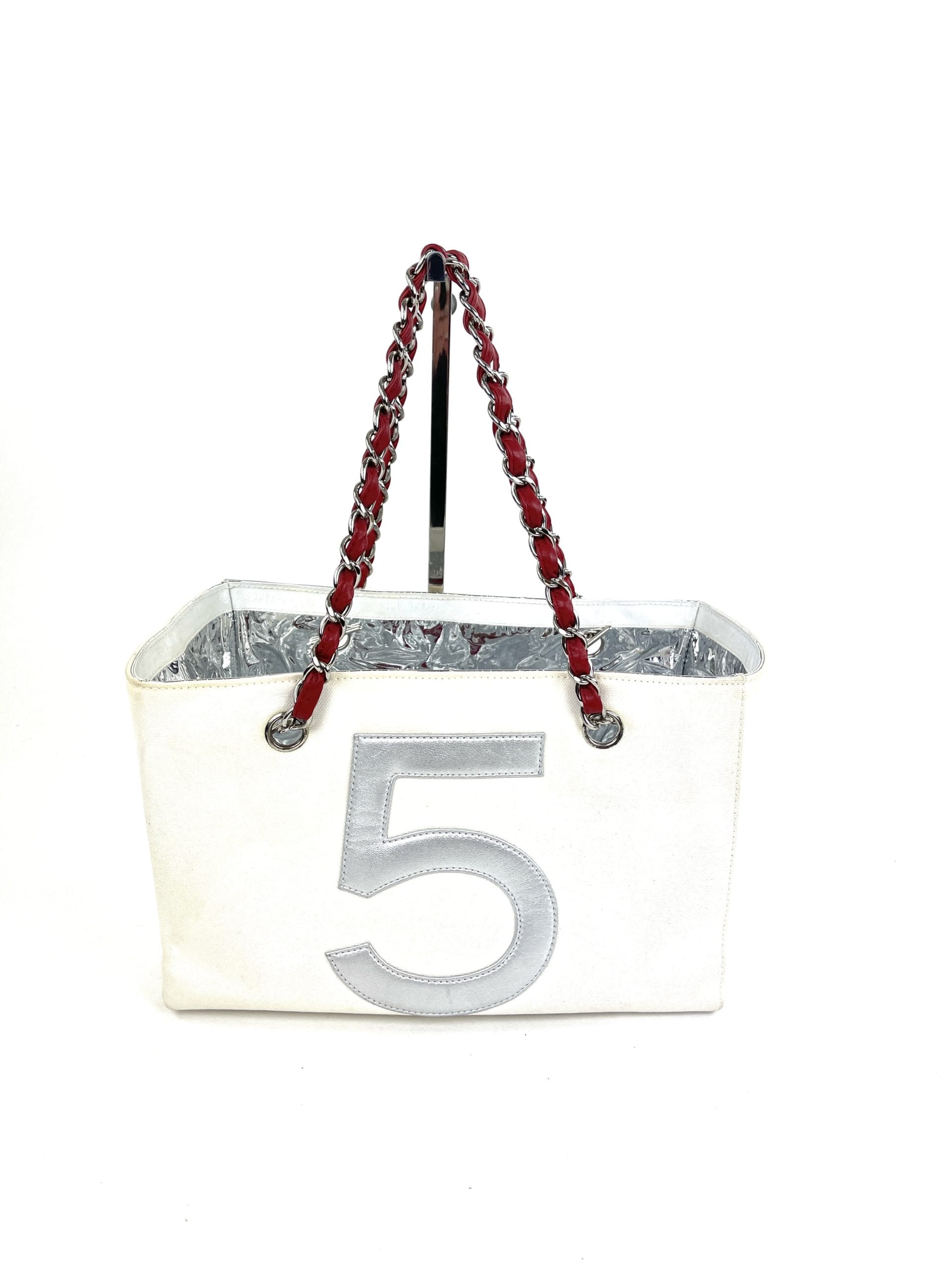 Chanel tote bag No.5 chocolate bar chain canvas leather white