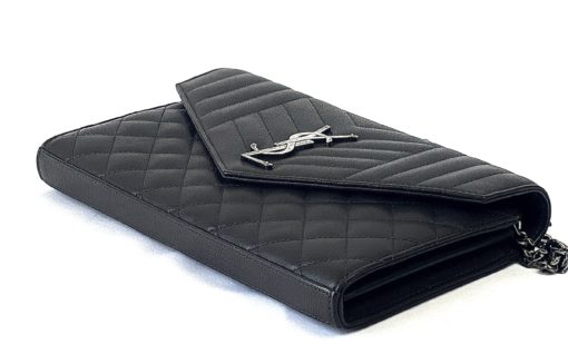 YSL Charcoal Grey Logo Mix Matelassé Leather Envelope Wallet-On-Chain 9