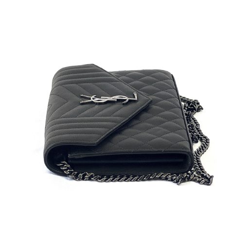 YSL Charcoal Grey Logo Mix Matelassé Leather Envelope Wallet-On-Chain 7