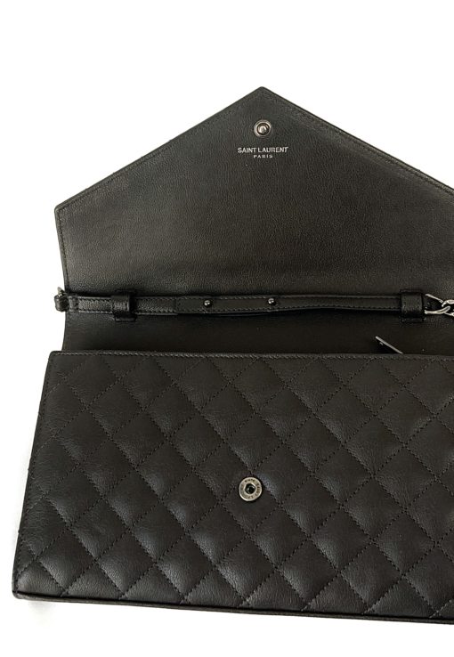 YSL Charcoal Grey Logo Mix Matelassé Leather Envelope Wallet-On-Chain 11