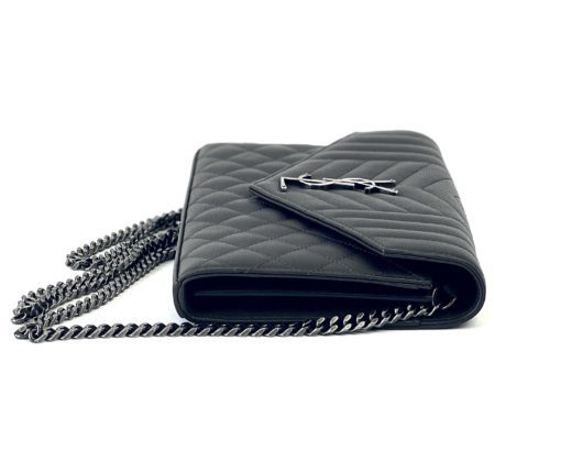 YSL Charcoal Grey Logo Mix Matelassé Leather Envelope Wallet-On-Chain