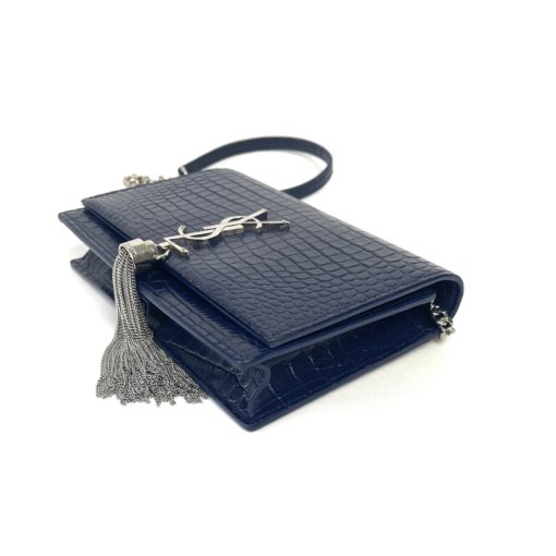 YSL Kate Navy Blue Croc Embossed Leather WOC Chain Bag with Tassel and Silver Hardware 15