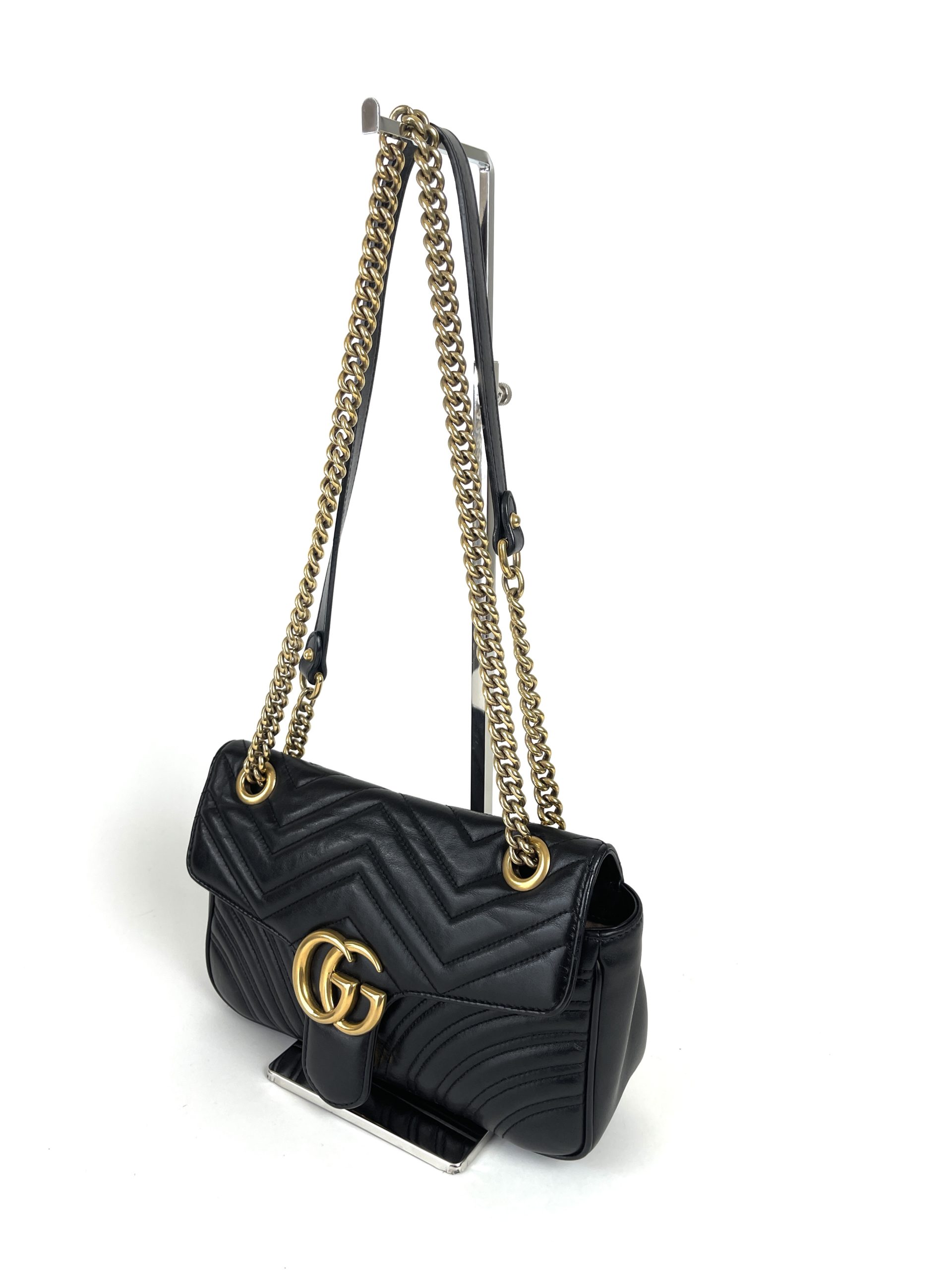 GUCCI Calfskin Matelasse Medium GG Marmont Top Handle Shoulder Bag Black  1235989
