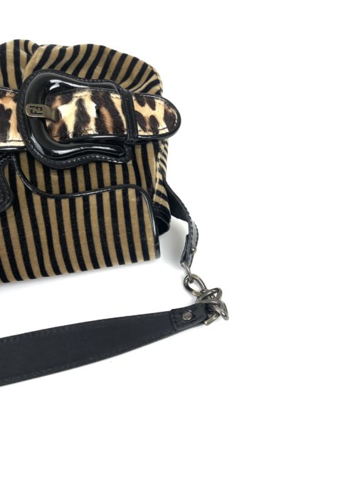 Fendi Borsa Stripe Print Pony Hair Black Patent Leather Shoulder Bag
