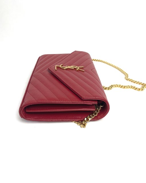 YSL Monogram Wallet on Chain Grain De Poudre Envelope Red Leather Shoulder Bag 9