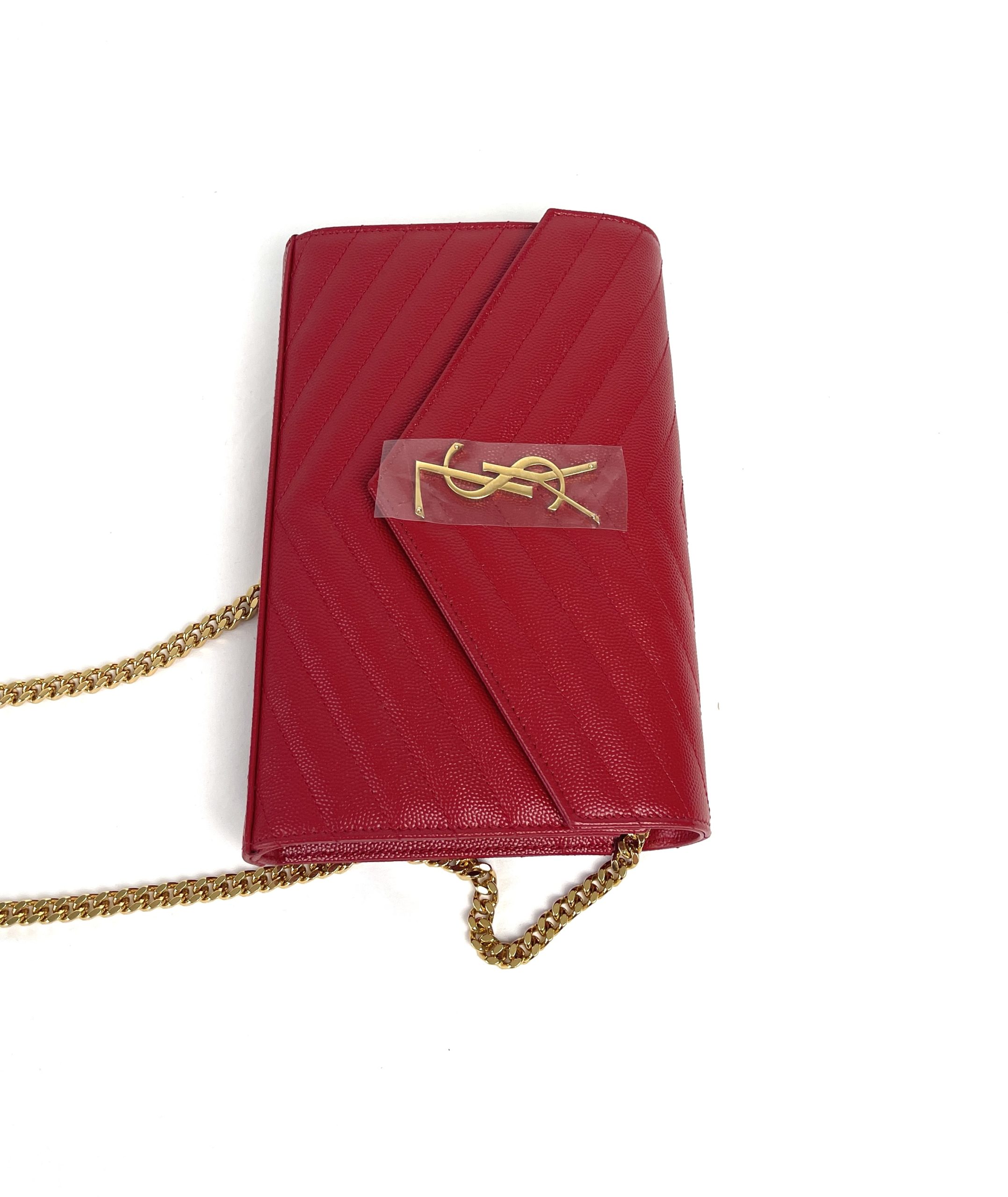 Saint Laurent YSL Medium / Large Wallet on Chain WOC in Red Grained Leather  and GHW