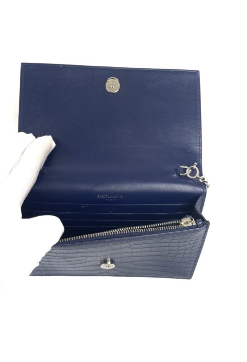 YSL Kate Navy Blue Croc Embossed Leather WOC Chain Bag with Tassel and Silver Hardware 22