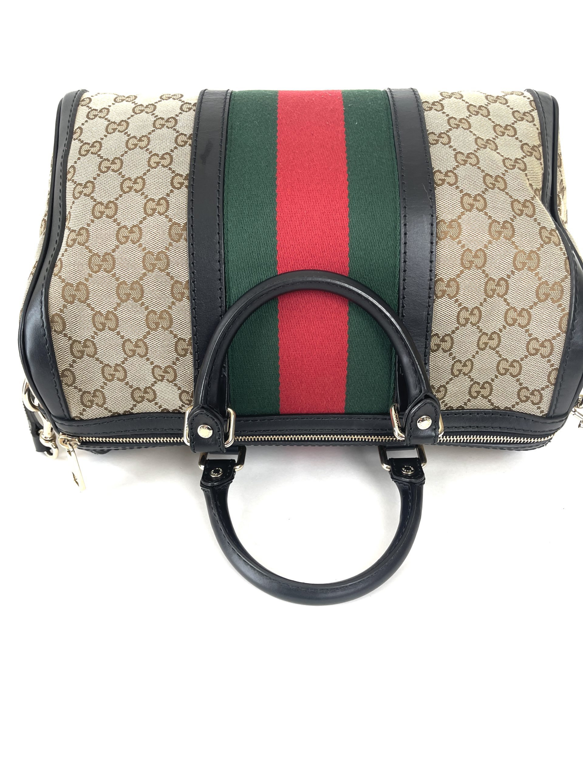 Gucci, Bags, Gucci Gg Canvas Boat Pochette Black With Green And Red  Stripe Handles
