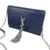 YSL Kate Navy Blue Croc Embossed Leather WOC Chain Bag with Tassel and Silver Hardware 4