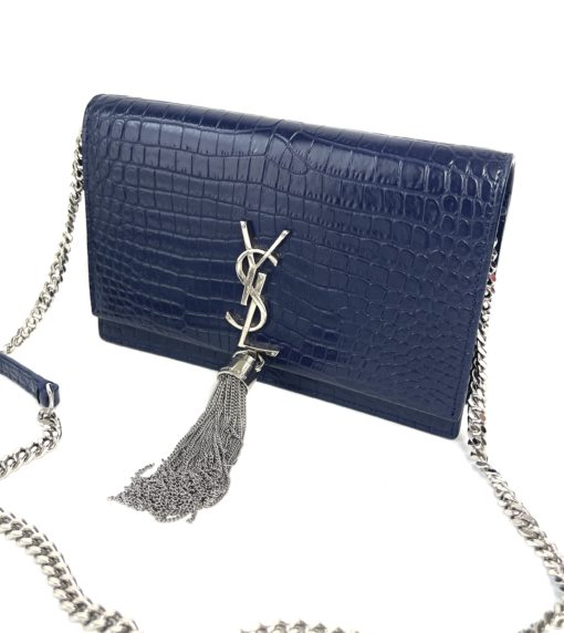 YSL Kate Navy Blue Croc Embossed Leather WOC Chain Bag with Tassel and Silver Hardware 4