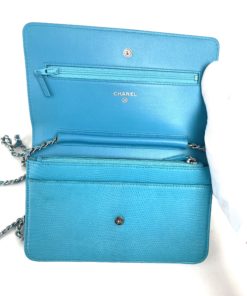 Chanel Turquoise Lizard Embossed Leather WOC with Silver Hardware inside