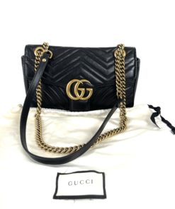 Gucci Calfskin Matelasse Small GG Marmont Shoulder Bag Black w dust bag