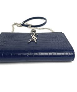 YSL Kate Navy Blue Croc Embossed Leather WOC Chain Bag with Tassel and Silver Hardware