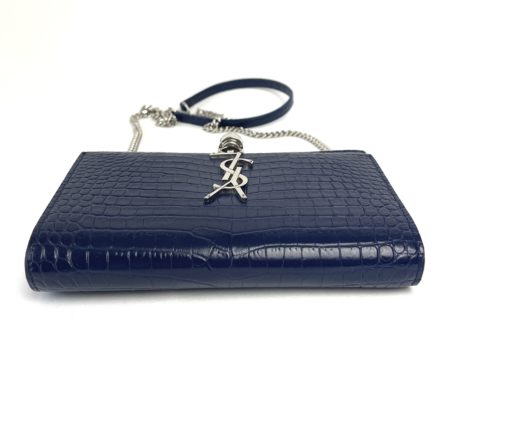 YSL Kate Navy Blue Croc Embossed Leather WOC Chain Bag with Tassel and Silver Hardware 10
