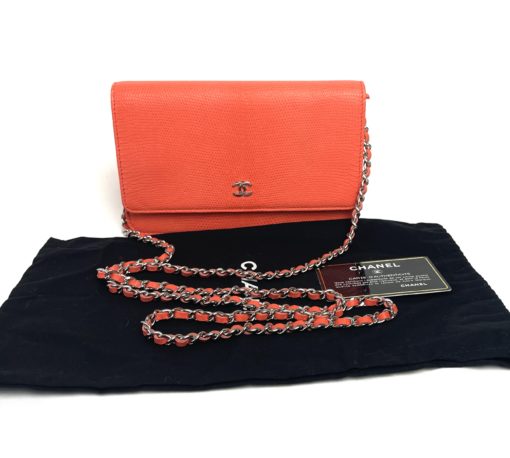 Chanel Lizard Embossed Coral Leather WOC with Silver Hardware with chain