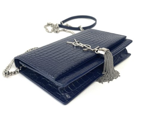 YSL Kate Navy Blue Croc Embossed Leather WOC Chain Bag with Tassel and Silver Hardware 13