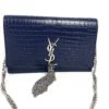 YSL Kate Navy Blue Croc Embossed Leather WOC Chain Bag with Tassel and Silver Hardware 5
