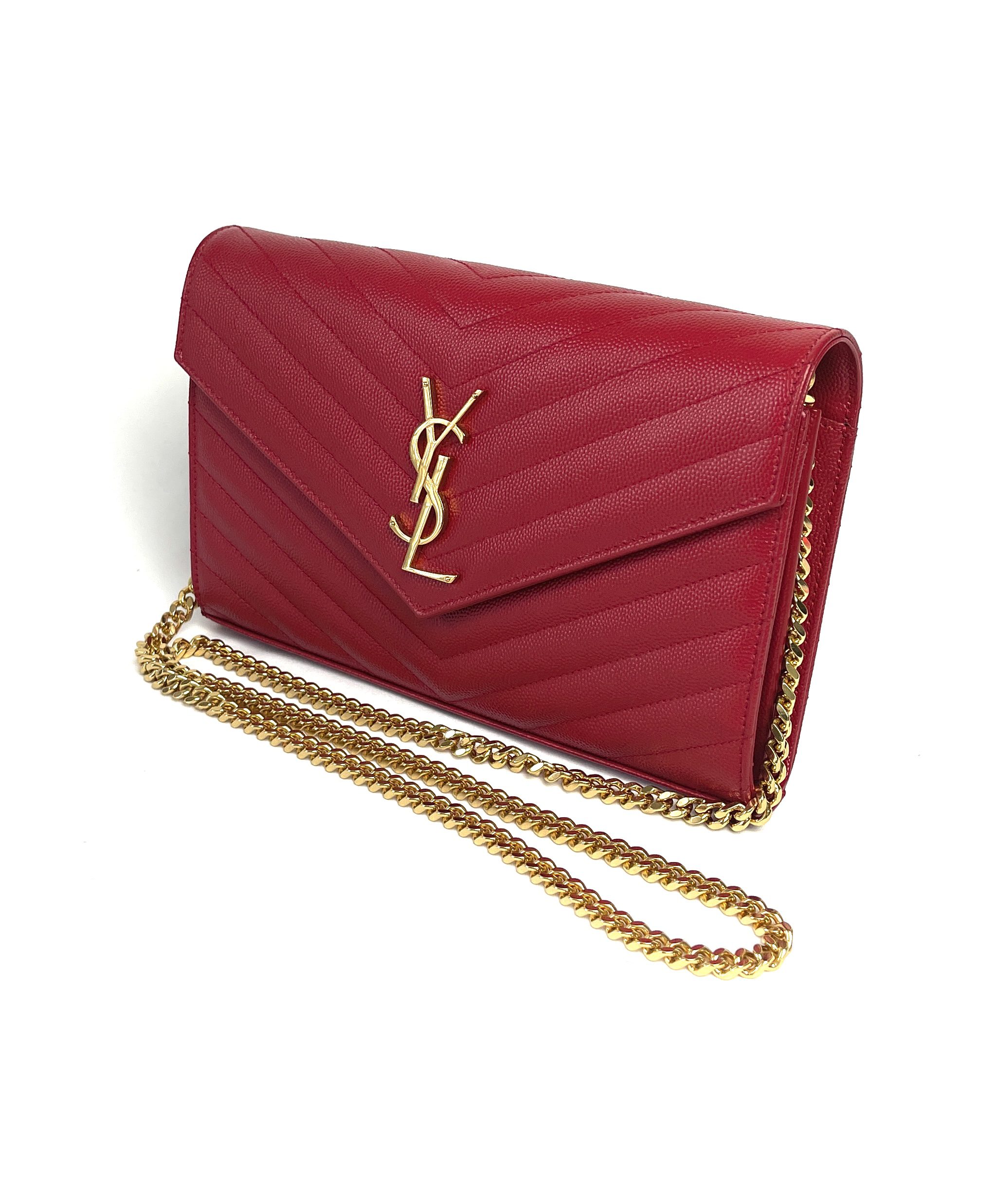 YSL Monogram Wallet on Chain Grain De Poudre Envelope Red Leather