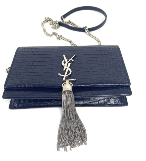 YSL Kate Navy Blue Croc Embossed Leather WOC Chain Bag with Tassel and Silver Hardware 14