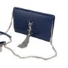YSL Kate Navy Blue Croc Embossed Leather WOC Chain Bag with Tassel and Silver Hardware