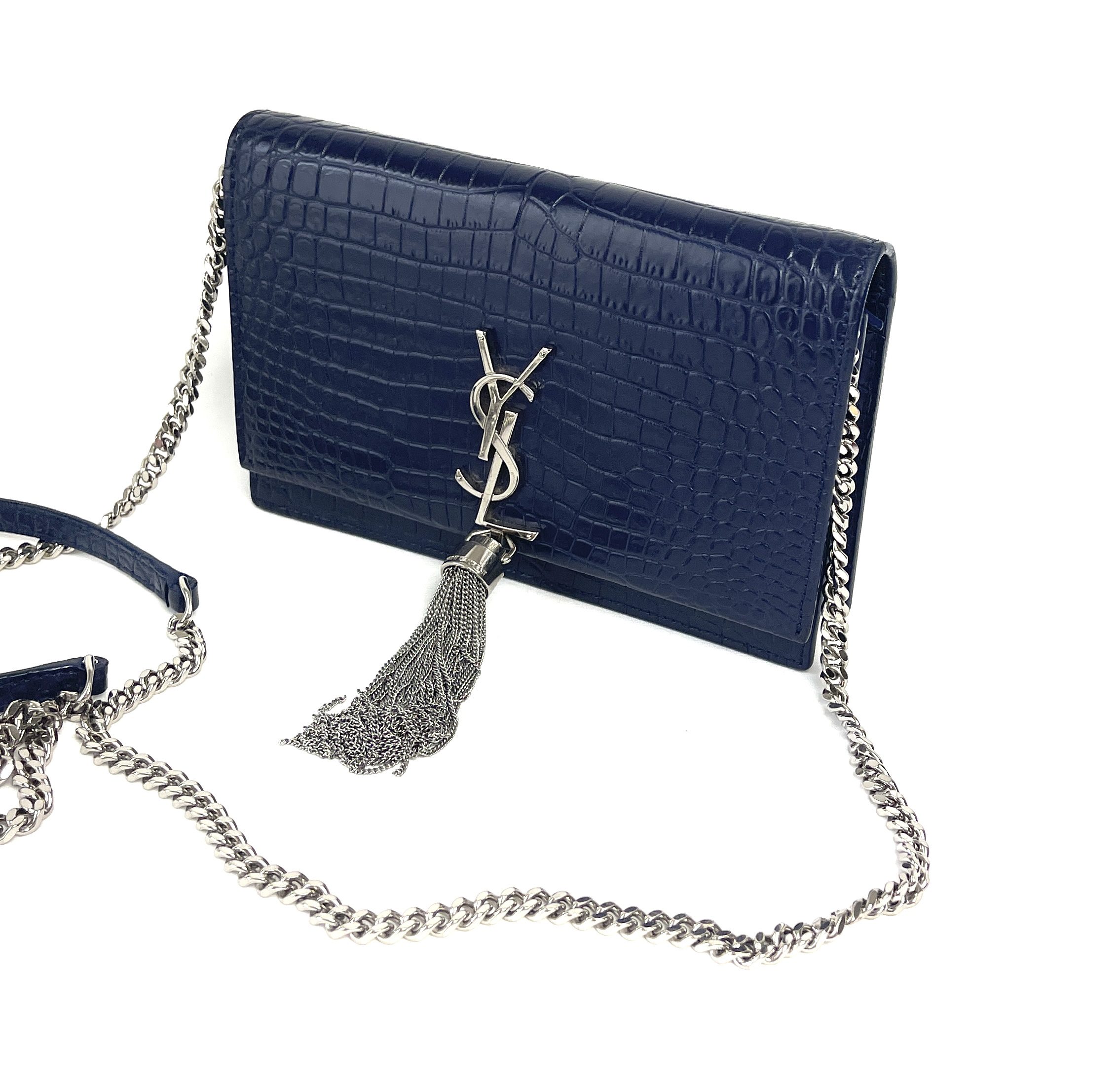 YSL Kate Navy Blue Croc Embossed Leather WOC Chain Bag with Tassel