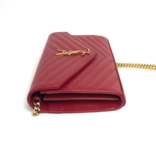 YSL Monogram Wallet on Chain Grain De Poudre Envelope Red Leather Shoulder Bag 12