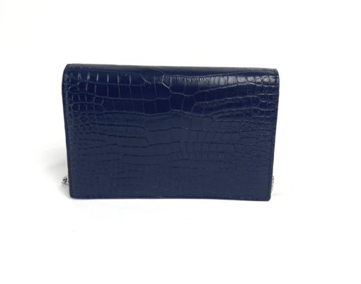 YSL Kate Navy Blue Croc Embossed Leather WOC Chain Bag with Tassel and Silver Hardware 8