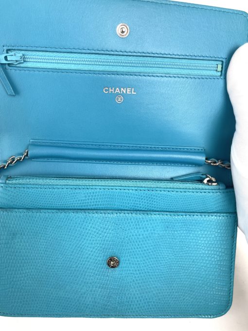 Chanel Turquoise Lizard Embossed Leather WOC with Silver Hardware inside