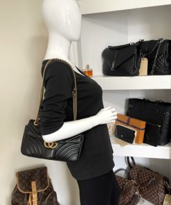 Gucci Calfskin Matelasse Small GG Marmont Shoulder Bag Black w mannequin