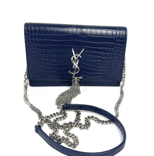 YSL Kate Navy Blue Croc Embossed Leather WOC Chain Bag with Tassel and Silver Hardware 3