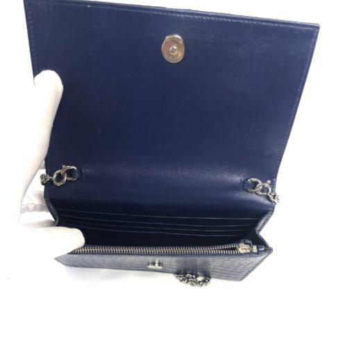 YSL Kate Navy Blue Croc Embossed Leather WOC Chain Bag with Tassel and Silver Hardware 7