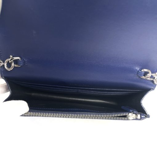 YSL Kate Navy Blue Croc Embossed Leather WOC Chain Bag with Tassel and Silver Hardware 19