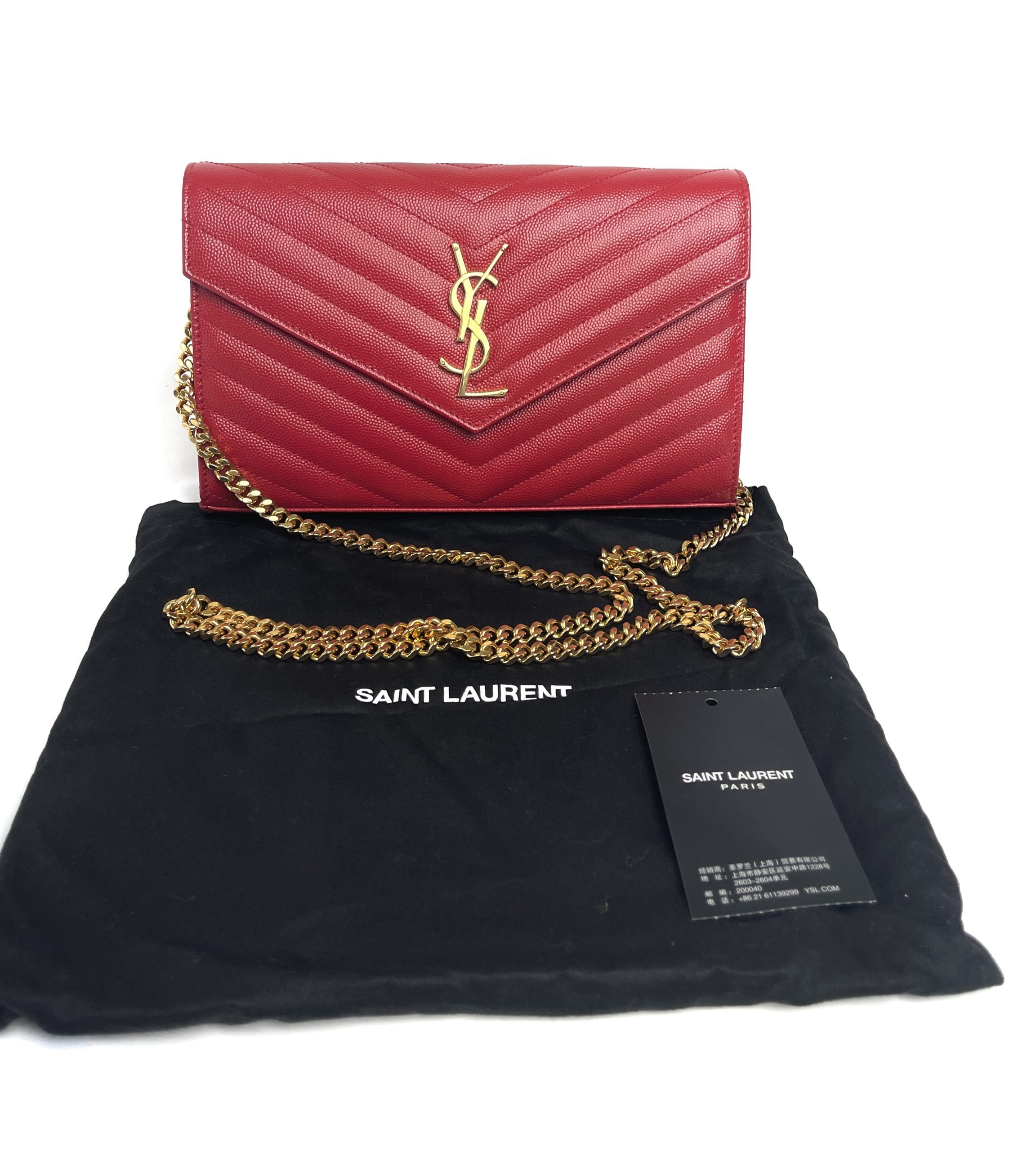 Saint Laurent Monogram Chain Wallet Grain de Poudre Leather Red Bag 37 –  Queen Bee of Beverly Hills