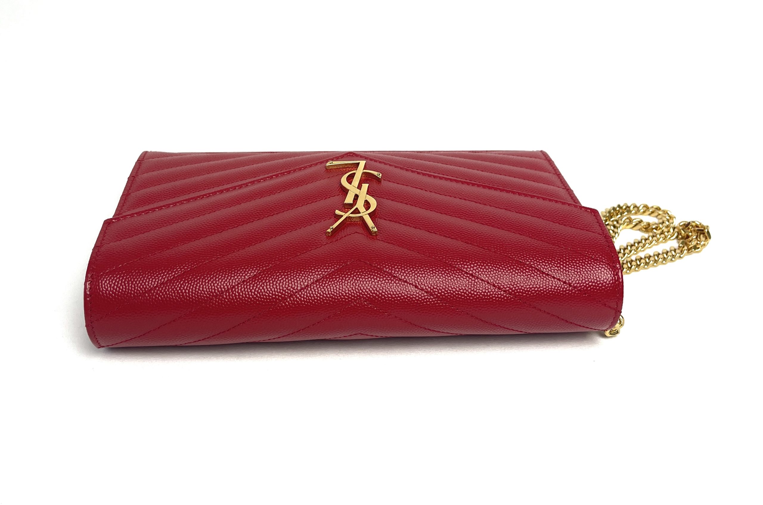 YSL Monogram Wallet on Chain Grain De Poudre Envelope Red Leather 