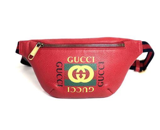GUCCI Grained Calfskin Small Logo Belt Bum Bag Hibiscus Red 7