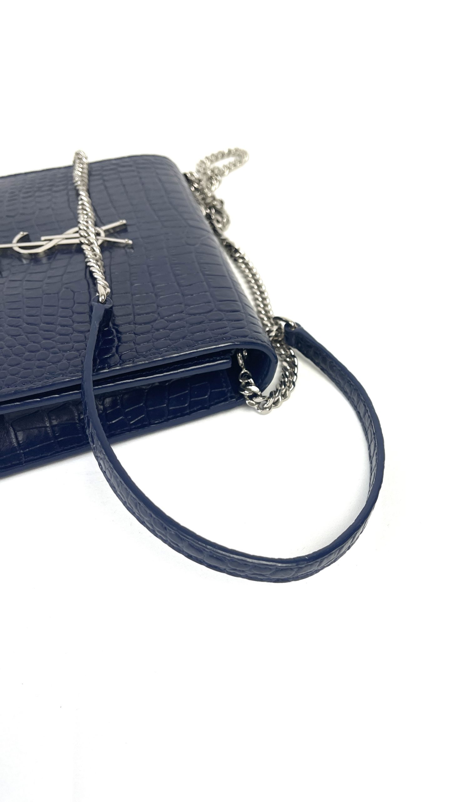 SAINT LAURENT Kate YSL Monogram Croc-Embossed Leather Crossbody Chain  Wallet Bag