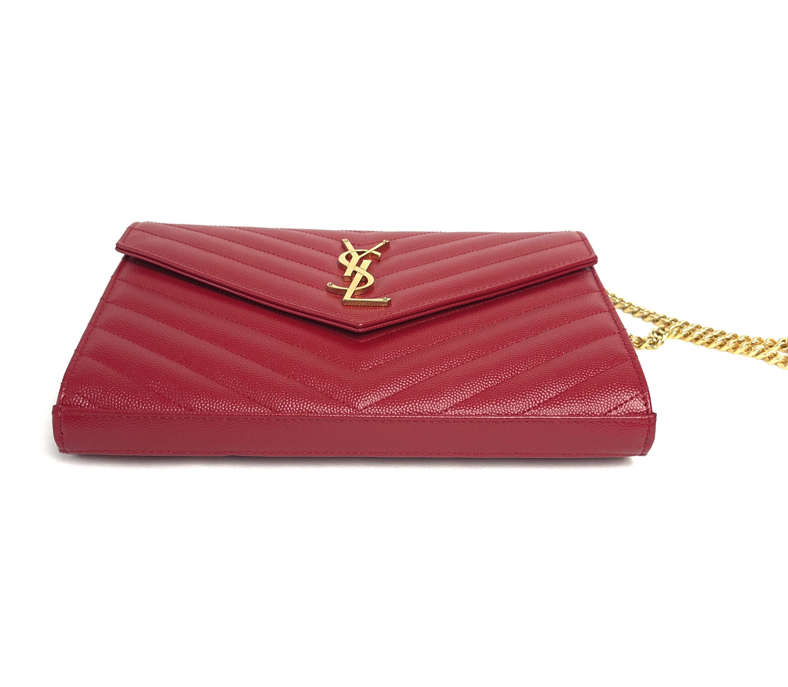 YSL Monogram Wallet on Chain Grain De Poudre Envelope Red Leather 