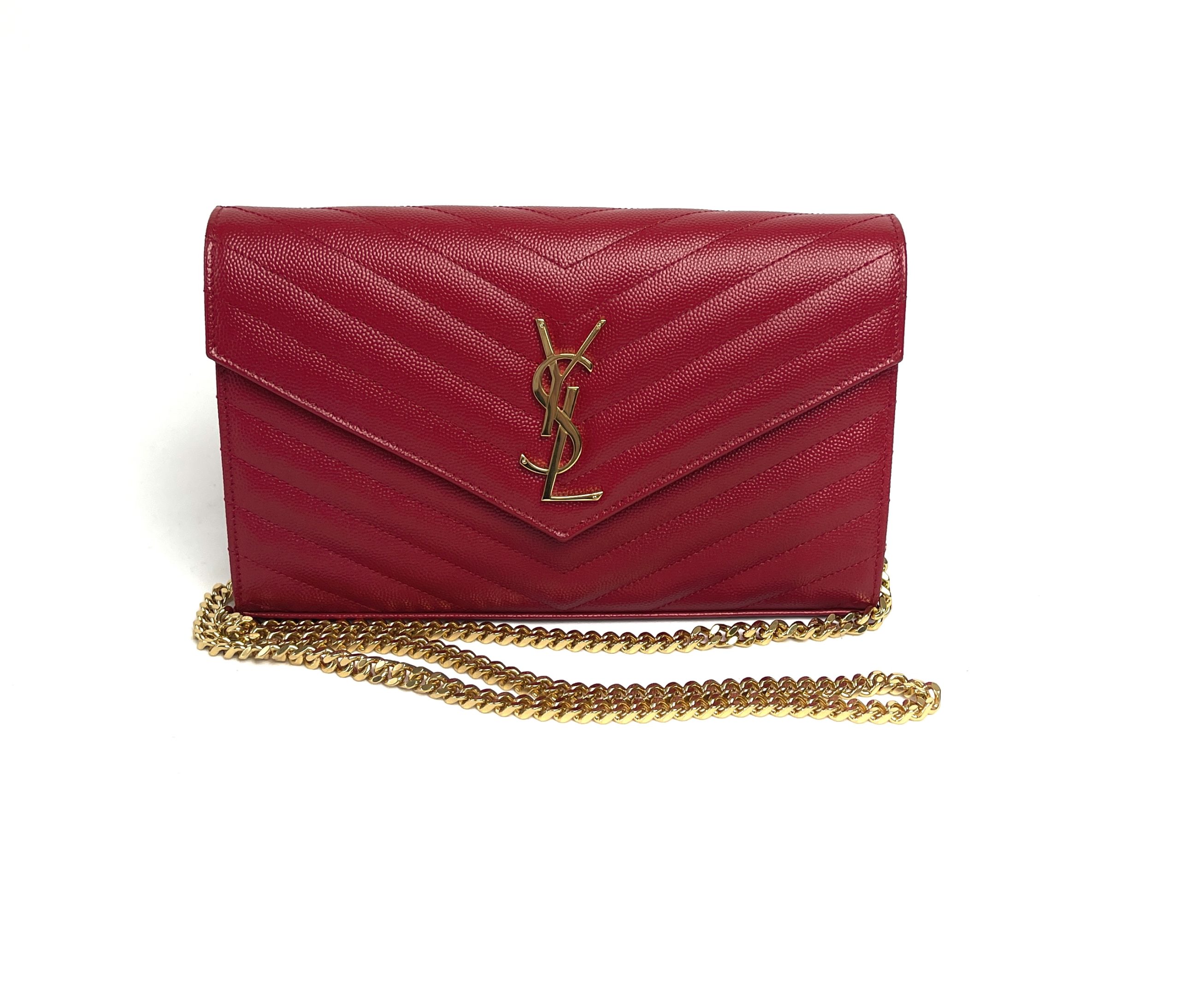 YSL Envelope Chain Wallet in Grain De Poudre Embossed Leather,Red,retail  $1350