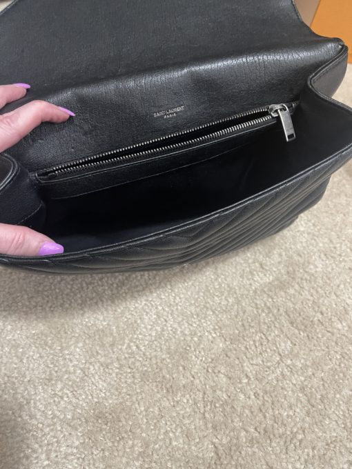 YSL Black College Large Quilted Leather V-Flap Shoulder Bag 24