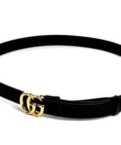 Gucci GG Marmont Thin Black Leather Belt with Shiny Buckle