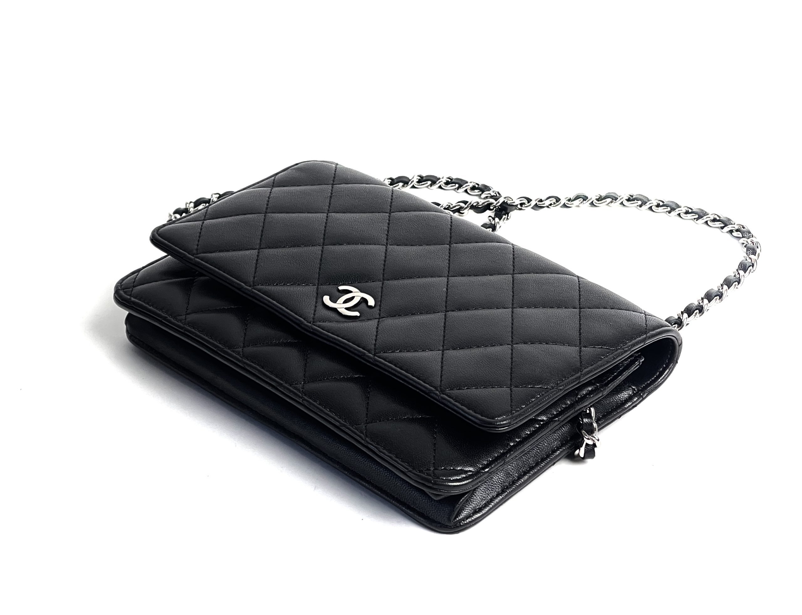 Chanel Pochette Leather Black White Bag sold with Coin Purse CC Logo Silver  Hdwr
