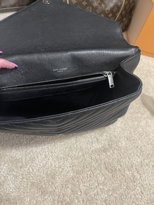 YSL Black College Large Quilted Leather V-Flap Shoulder Bag 25