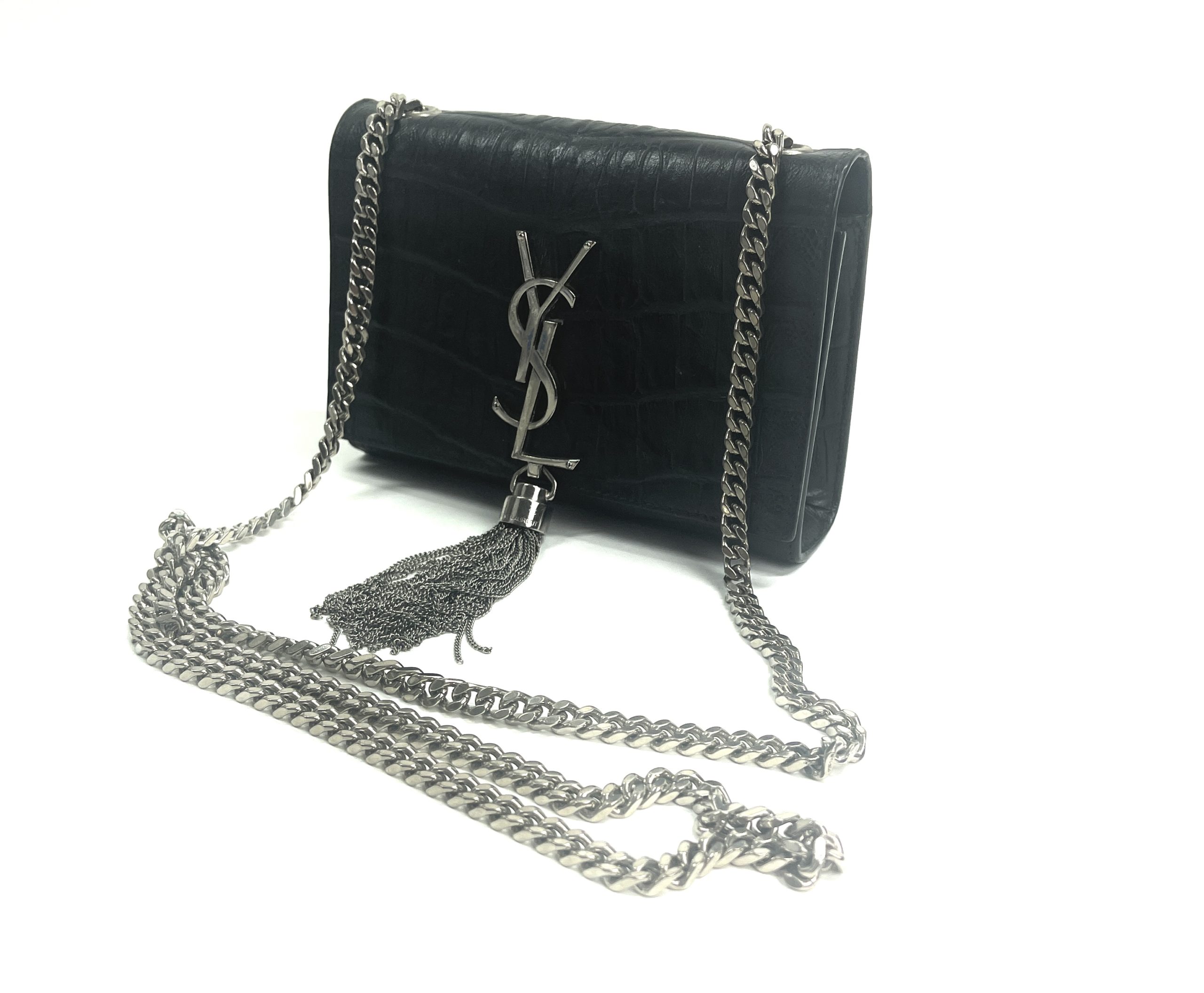 NWT Saint Laurent YSL Monogram Small Kate Chain Bag Black Suede Embroidered